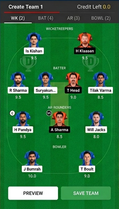 srh cs mi dream11 team win 3cr only on reddy anna