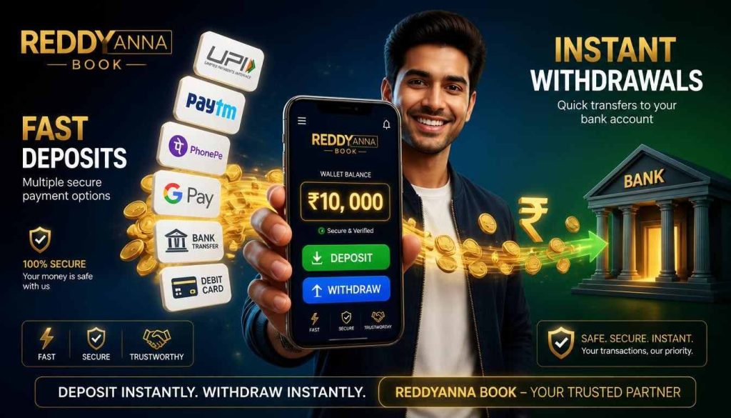 Reddy Anna Book payment methods banner showing secure options for online betting deposits and withdrawals