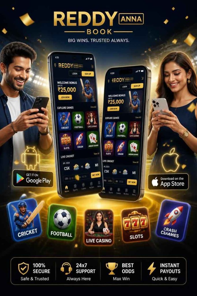 Reddy Anna Book mobile app banner showing online betting and casino access on smartphones