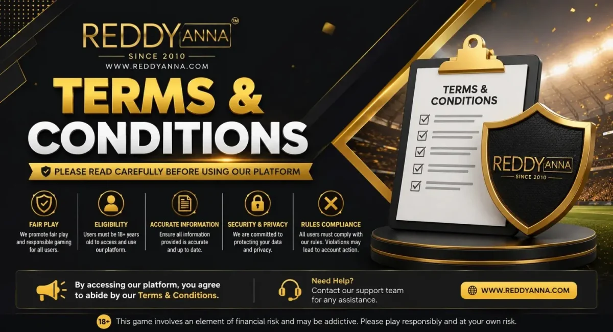 ReddyAnna Terms and Conditions page banner - 18+ eligibility, fair play, security and privacy, rules compliance, and responsible gaming warning